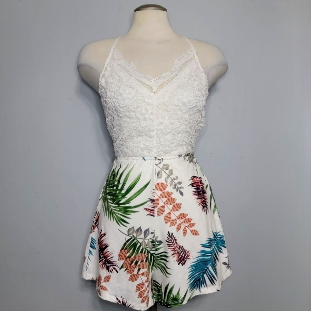 White and Floral Lace Top Cross Strap Tie Back Romper